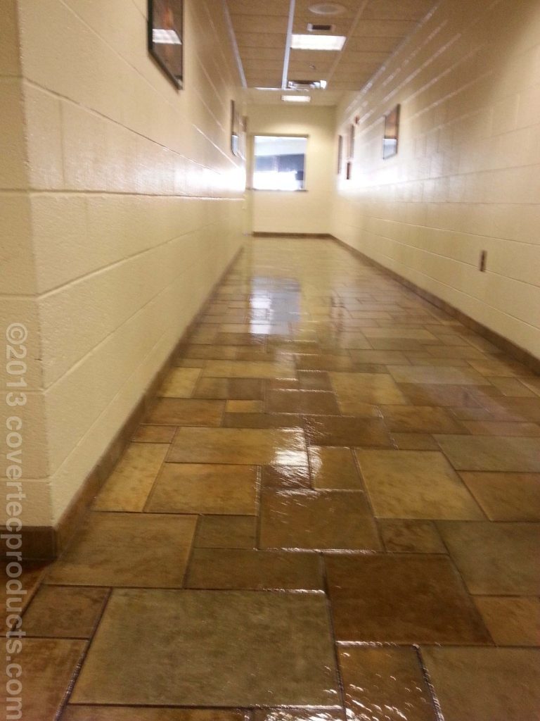 Fire station hallway showing gloss wetlook finish.