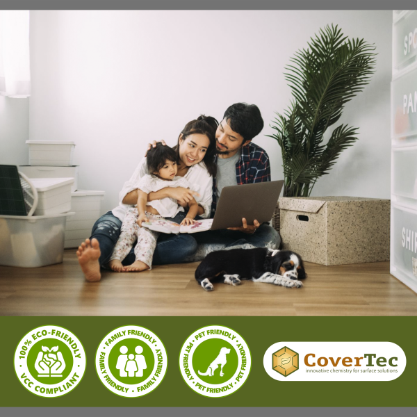 a family sitting on the floor sealer with safe to use VinylGuard vinyl floor sealer