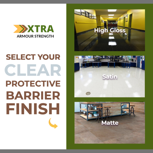 a collage of images of different types of shine you can achieve with VinylGuard vonyl floor sealer