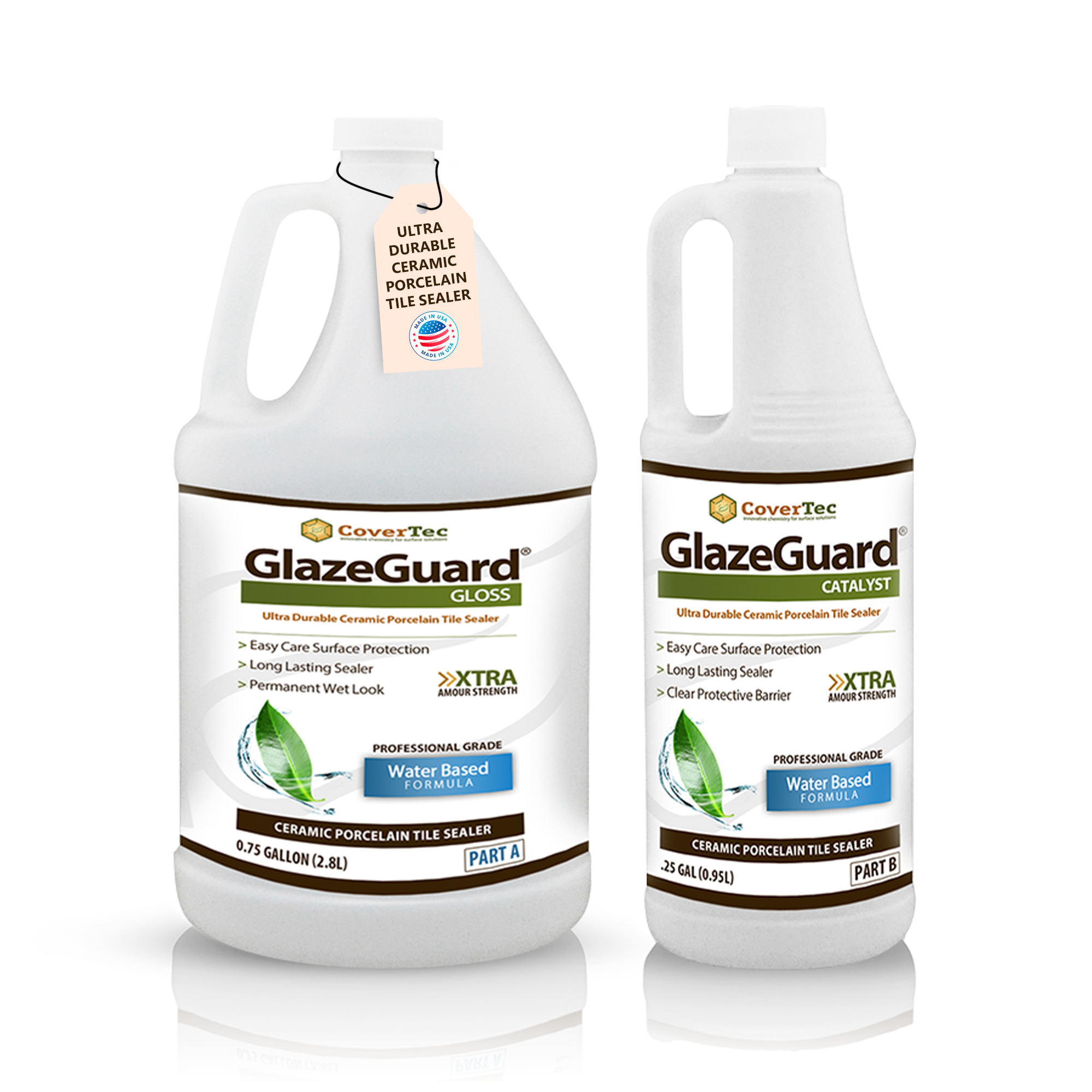 two white bottles with labels showing high gloss sealer for porcelain tiles