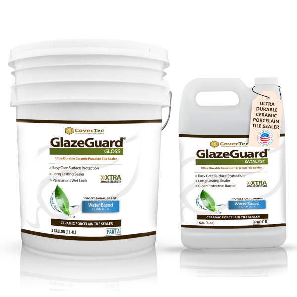 a white bucket and a white jug labeled GlazeGuard Gloss Porcelain Tile Sealer